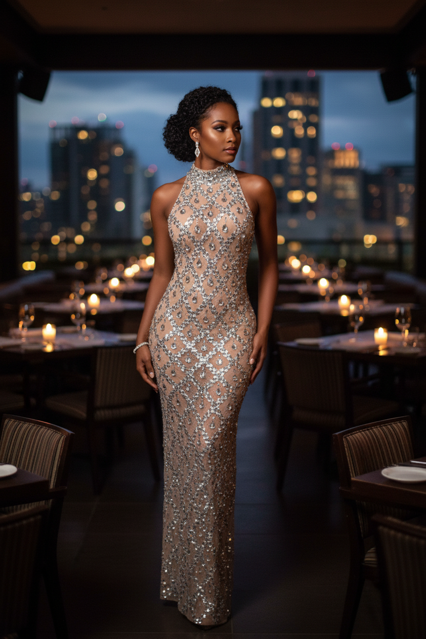 Caribbean woman in silver sequin dress with romantic date night background
